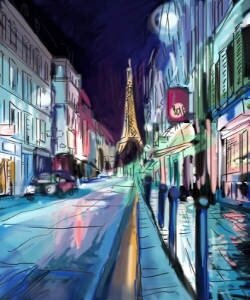 иллюстрация, улица, Париж, ночь