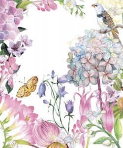 рисунок, акварель, птица, бабочка, цветы